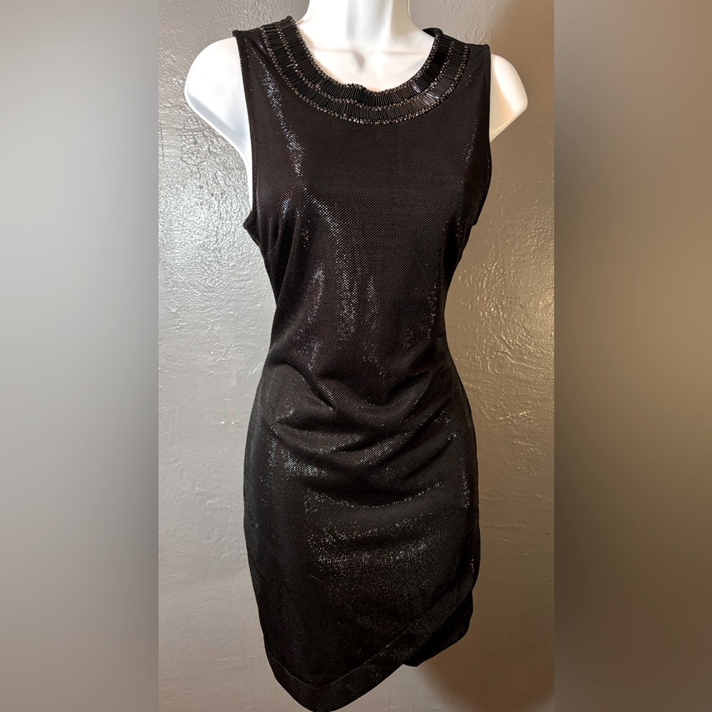 ASTR Sheath Dress Black Mesh Metallic Beaded Neckline Asymetrical Hem